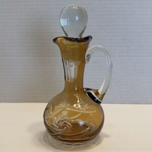 Vintage Czech Bohemian Amber Cut To Clear Etched Glass Cruet with Stopper Stag